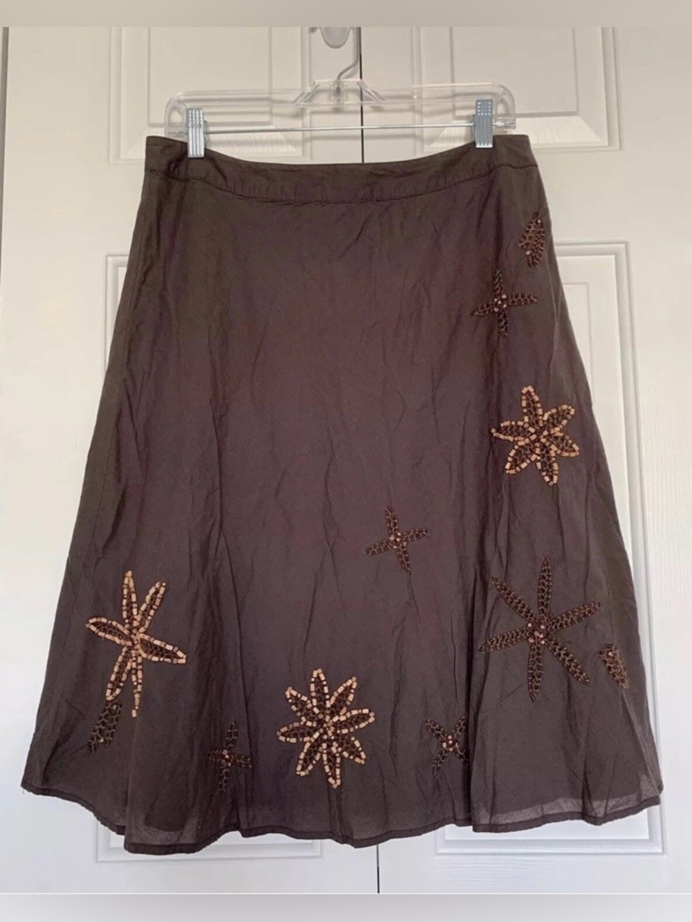 ashley B Bernardo Embroidered Beaded A Line Skirt Sz 10 Brown Boho Beachy Resort